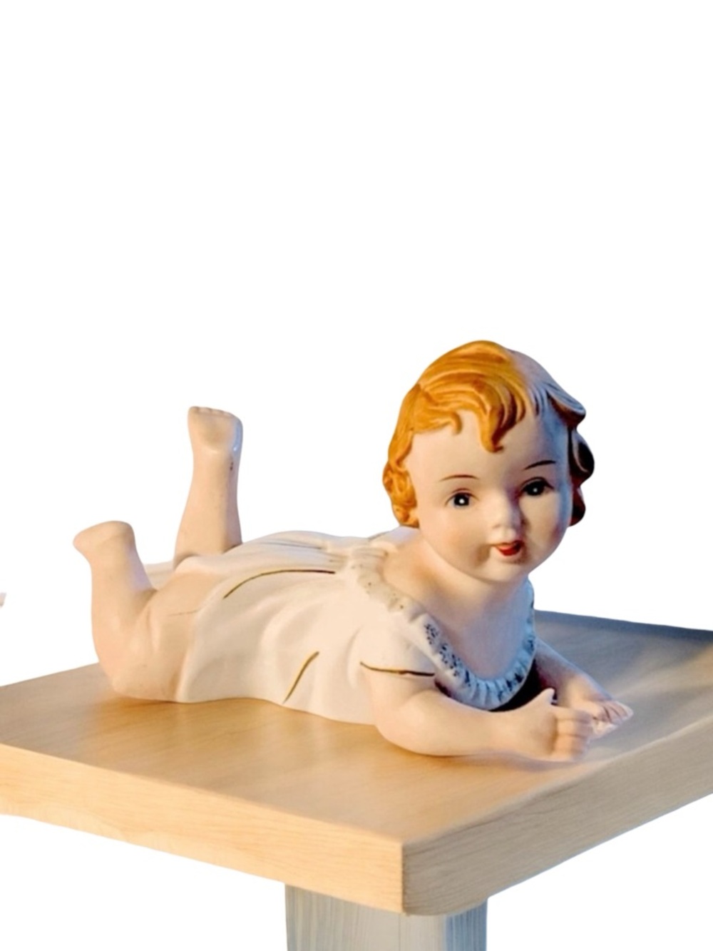 Piano Baby Bisque Hand Painted Vintage Laying On Stomach w/Romper Ruffled Collar